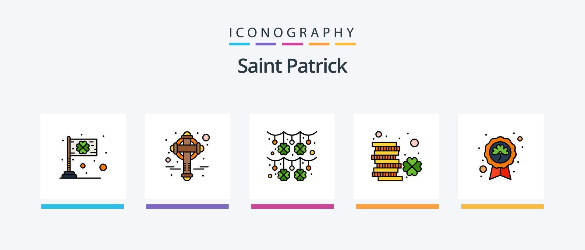 la línea de san patricio llenó un paquete de 5 íconos que incluye una bolsa. envase. Smo. barril de cerveza. duende. diseño de iconos creativos vector