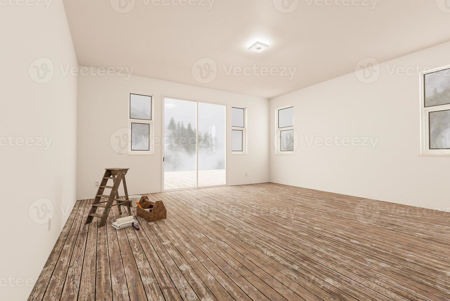 Ladder and Painting Equipment In Raw Unfinished Room of House with Blank White Walls and Worn Wood Floors. photo