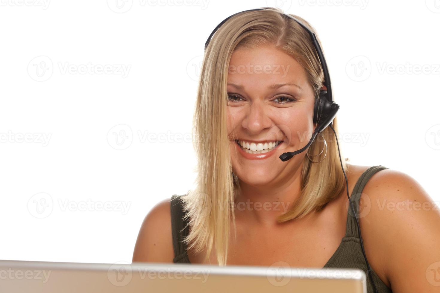 Beautiful Friendly Customer Support Girl and Computer photo