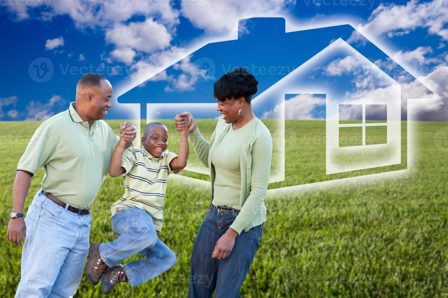 Family Over Grass Field, Clouds, Sky and House Icon photo