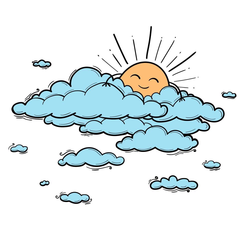 Sun and Cloud kids drawing for nursery in cartoon outline style. Blue boy vector illustration isolated