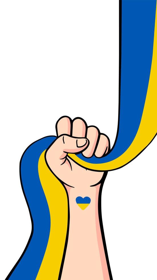 Save Ukraine demonstration, Stop War peaceful protest poster. Human arm fist with Ukrainian flag. Background vector illustration with copy space