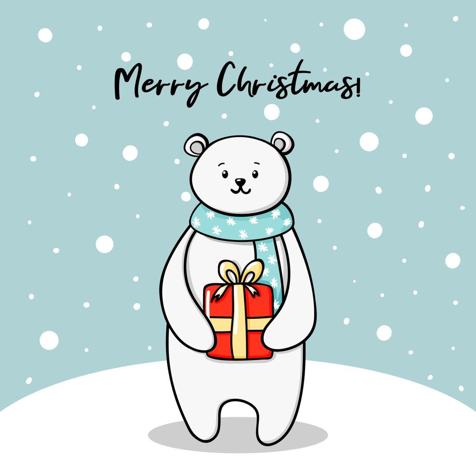 Polar bear with a Christmas gift. New year kids card with a cute white bear and snow in doodle vector