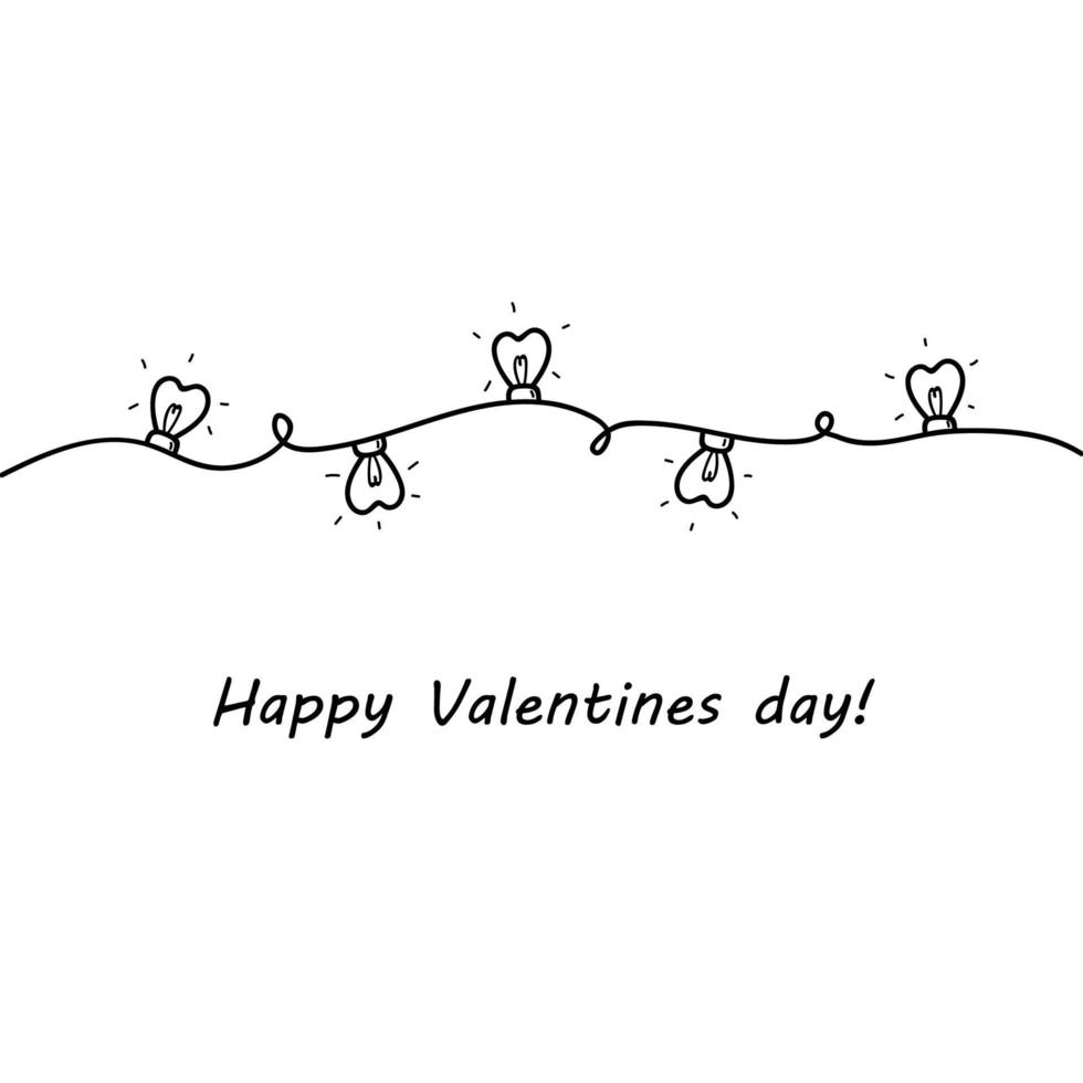 Valentines day greeting card with heart lights in black and white. Cute vector illustration template banner background in doodle