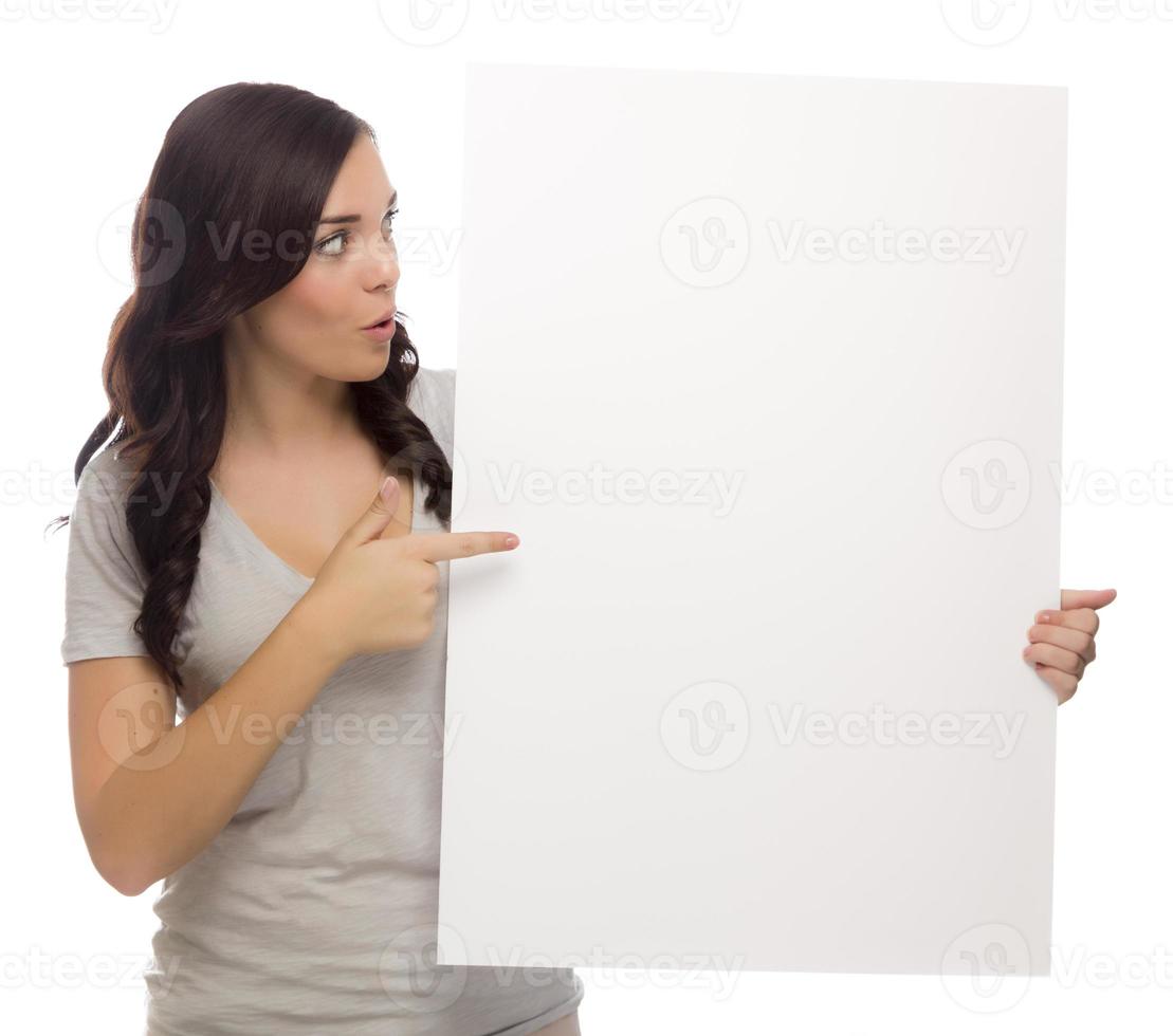 Beautiful Mixed Race Female Holding Blank Sign on White photo