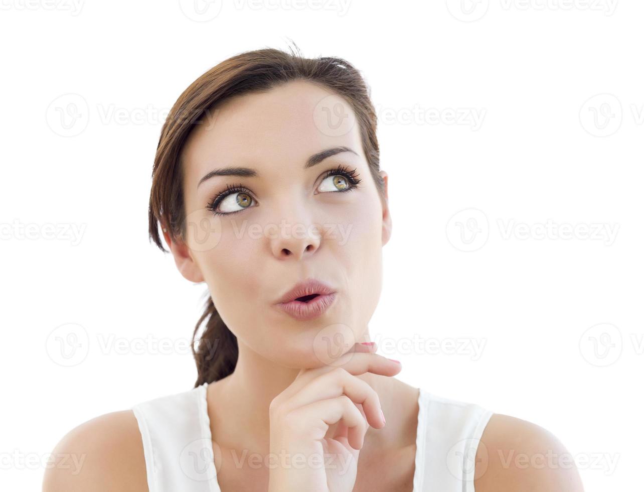 Pensive Young Adult Woman Looking Up on White photo