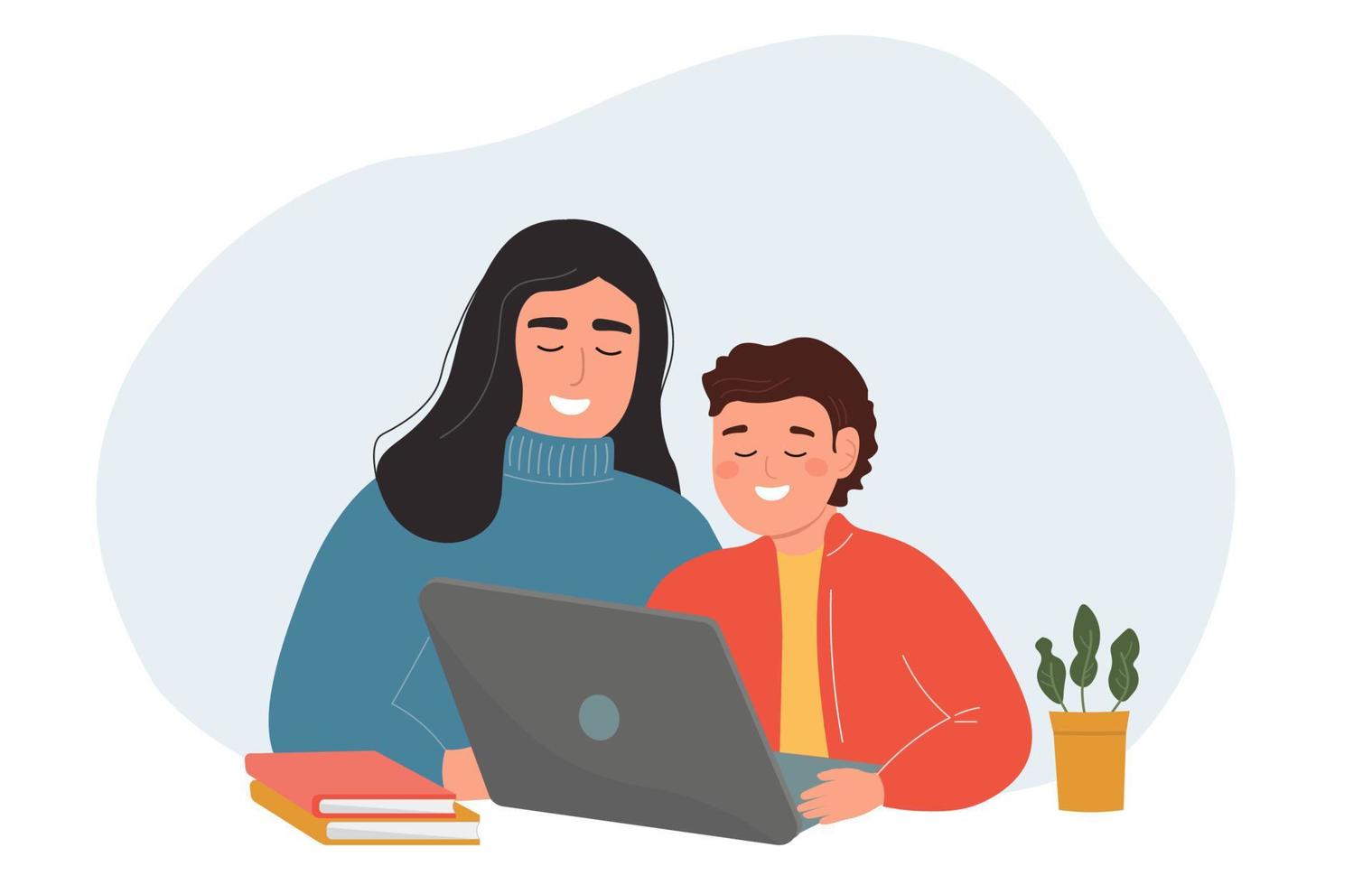 Mom and son are sitting together in front of a laptop. A boy and a woman study online. The teacher is engaged with the student. Vector graphics.