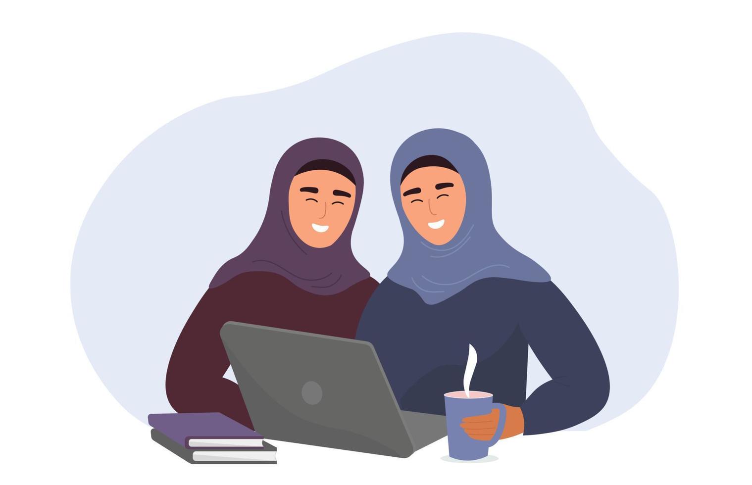 Muslim girls in hijabs are sitting at a laptop. Female students study and work online. Vector graphics.
