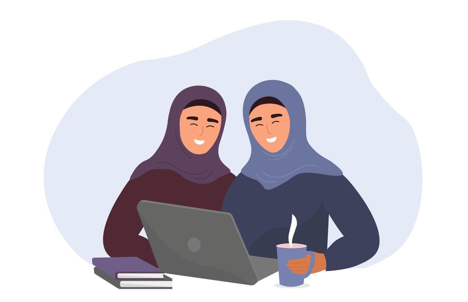 las niñas musulmanas en hijabs están sentadas en una computadora portátil. las alumnas estudian y trabajan en línea. gráficos vectoriales vector