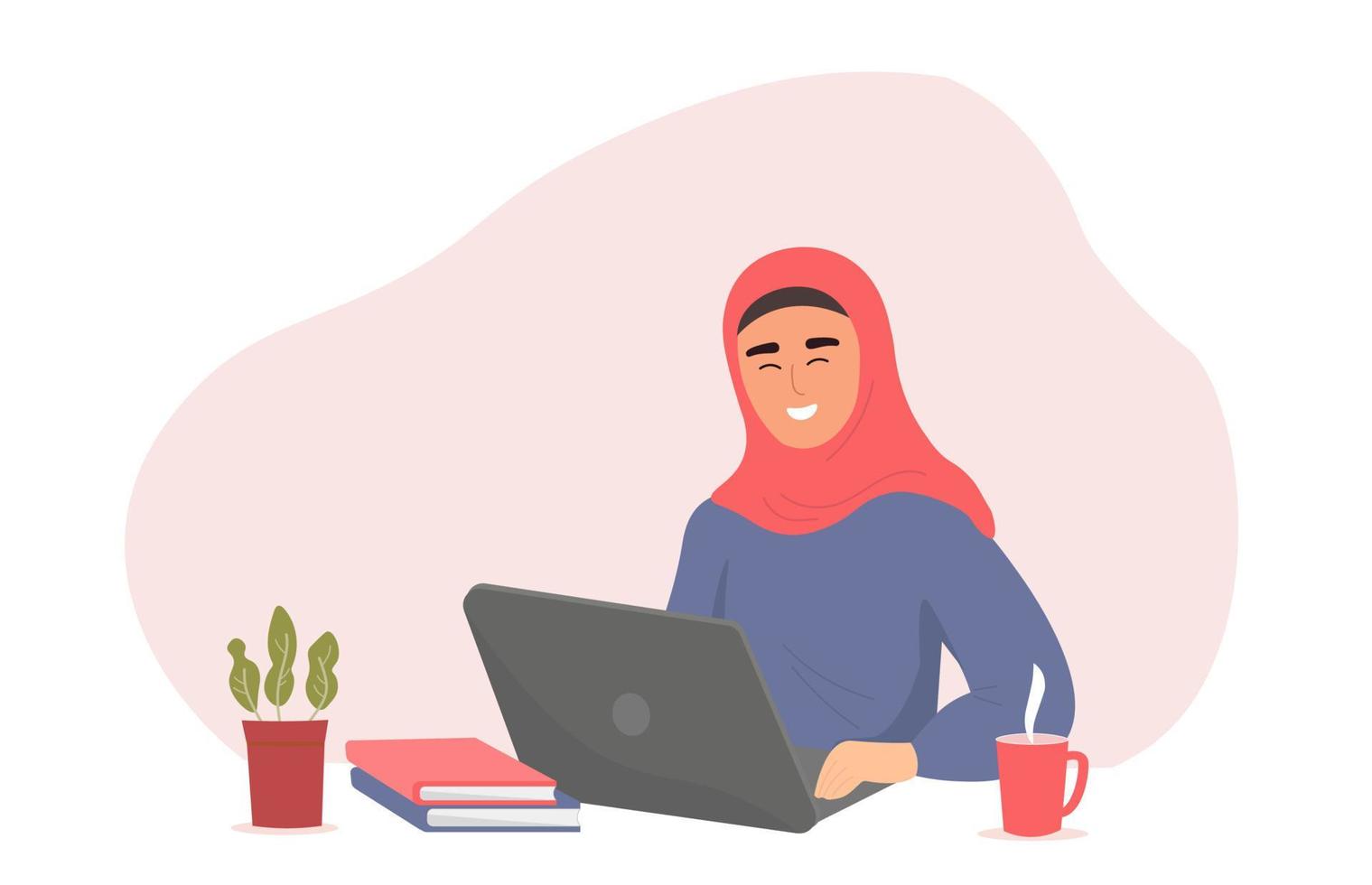 A Muslim girl in a hijab is sitting at her laptop. The student is studying, working online. Vector graphics.