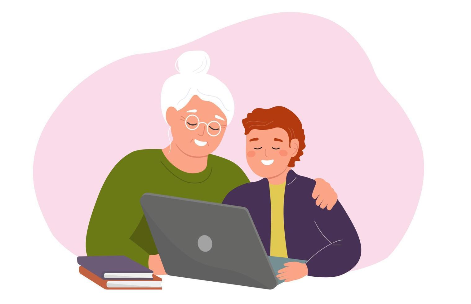 Grandmother and grandson are sitting together in front of a laptop. A boy and an elderly woman study online. Vector graphics.