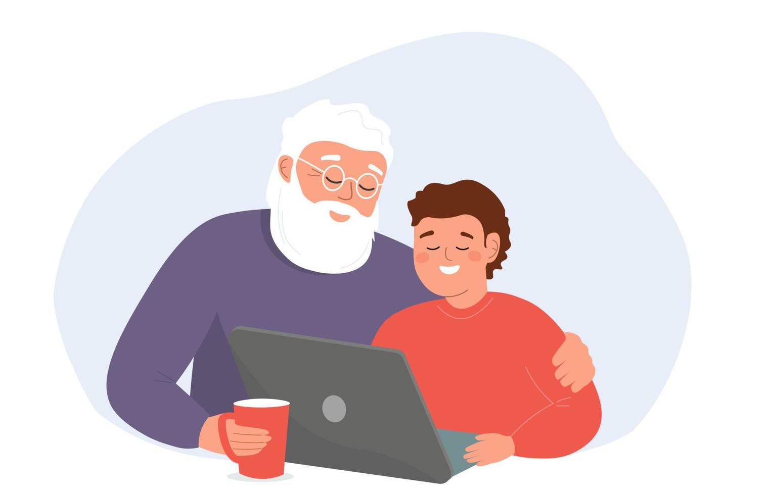 Grandfather and grandson spend time together on a laptop. Education, leisure of different generations, family communication. Vector graphics.