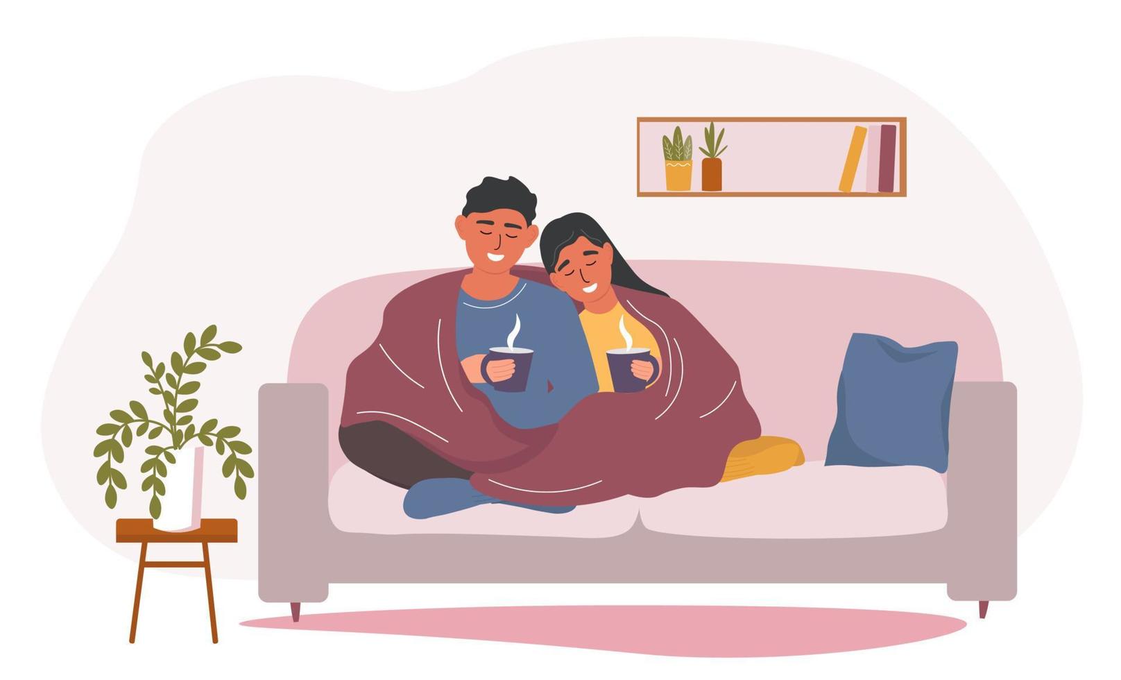 The couple is sitting on the sofa under blanket with a hot drink in their hands. A guy and a girl are resting at home, warming up with tea and coffee. Vector graphics.