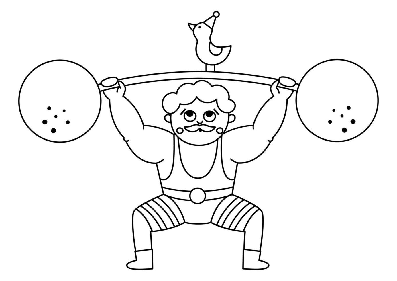 Vector black and white athlete lifting weight in stripy costume. Cute line acrobat or strongman. Circus or sport artist with muscles clipart. Amusement holiday icon. Festival character coloring page