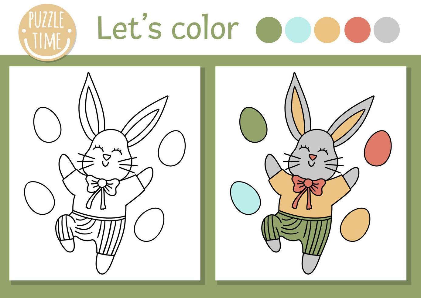 Easter coloring page for children. Funny bunny with colored eggs. Vector holiday outline illustration with cute traditional animal. Adorable spring color book for kids with colored example