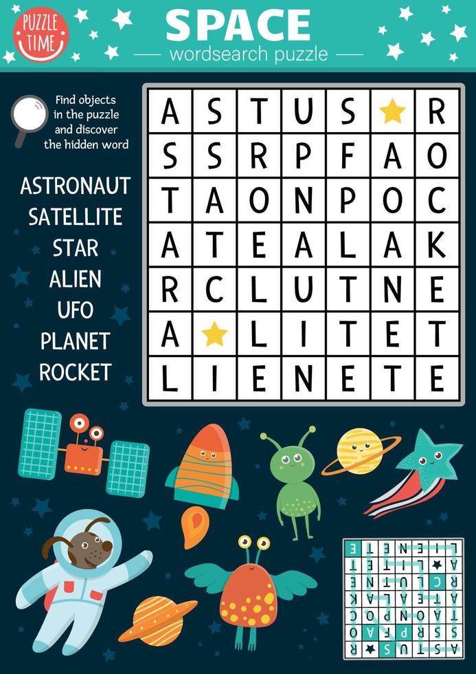 Vector space wordsearch puzzle for kids Simple astronomy crossword for