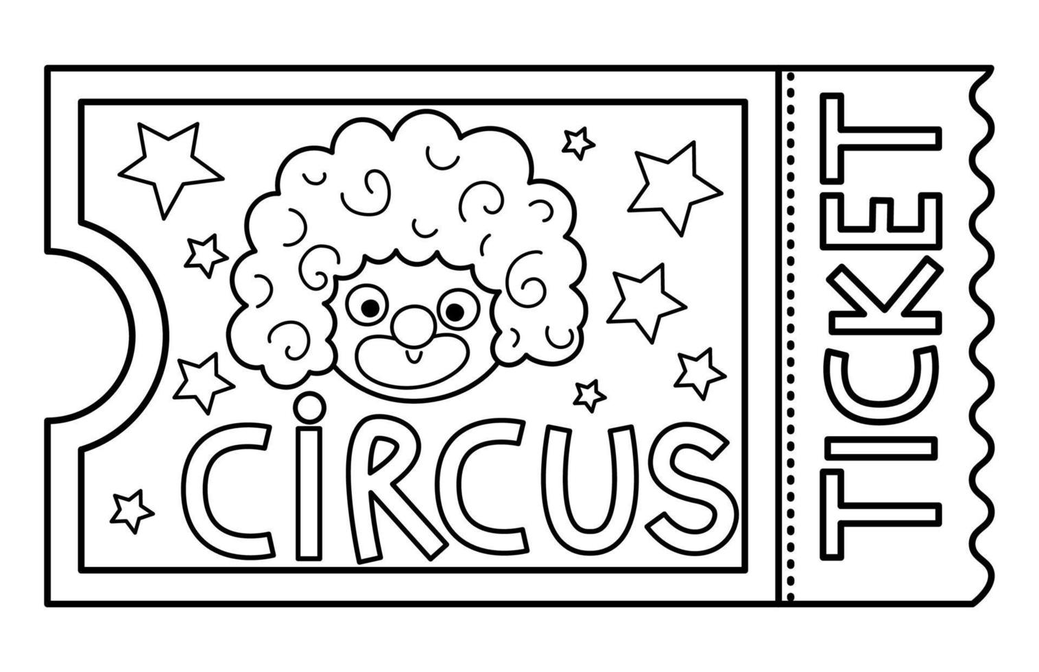 icono de línea de boleto de circo vectorial. Imágenes Prediseñadas del esquema del pase del parque de atracciones. linda tarjeta de entrada al festival callejero en blanco y negro. ilustración de cupón de admisión de espectáculo callejero o página para colorear con cara de payaso vector