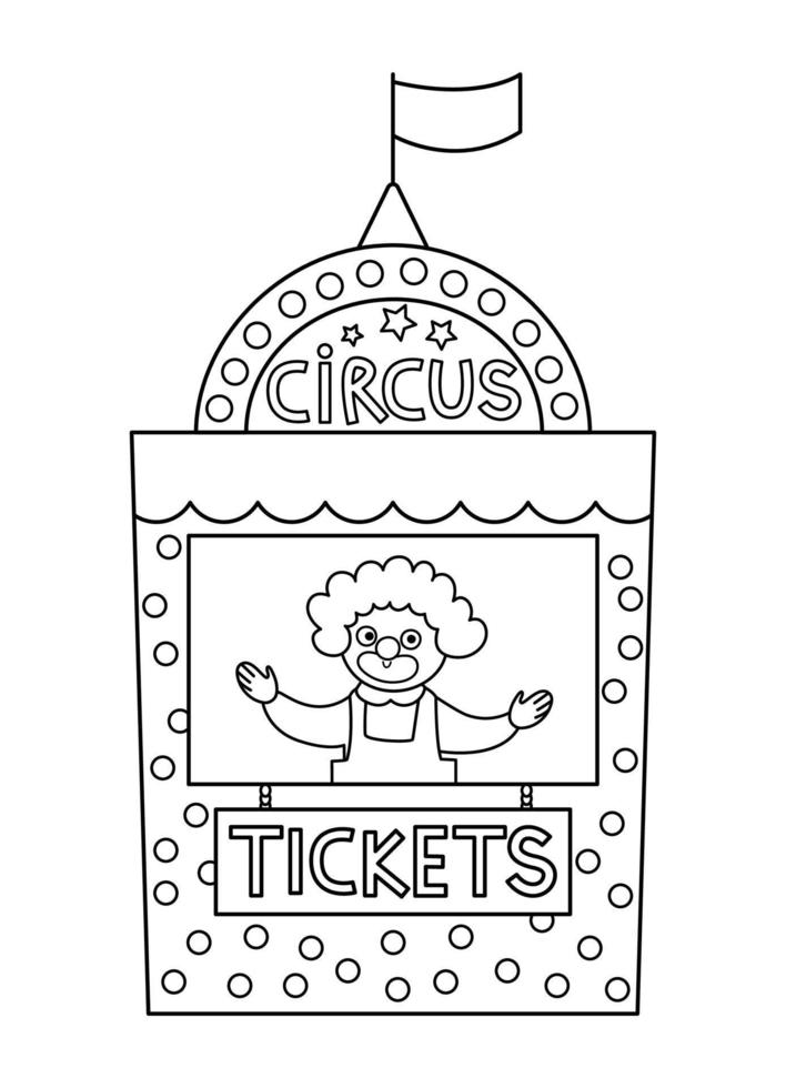 Vector black and white circus ticket box icon. Amusement park entrance control stall with funny clown. Cute line street festival entrance booth. Street show admission stand coloring page