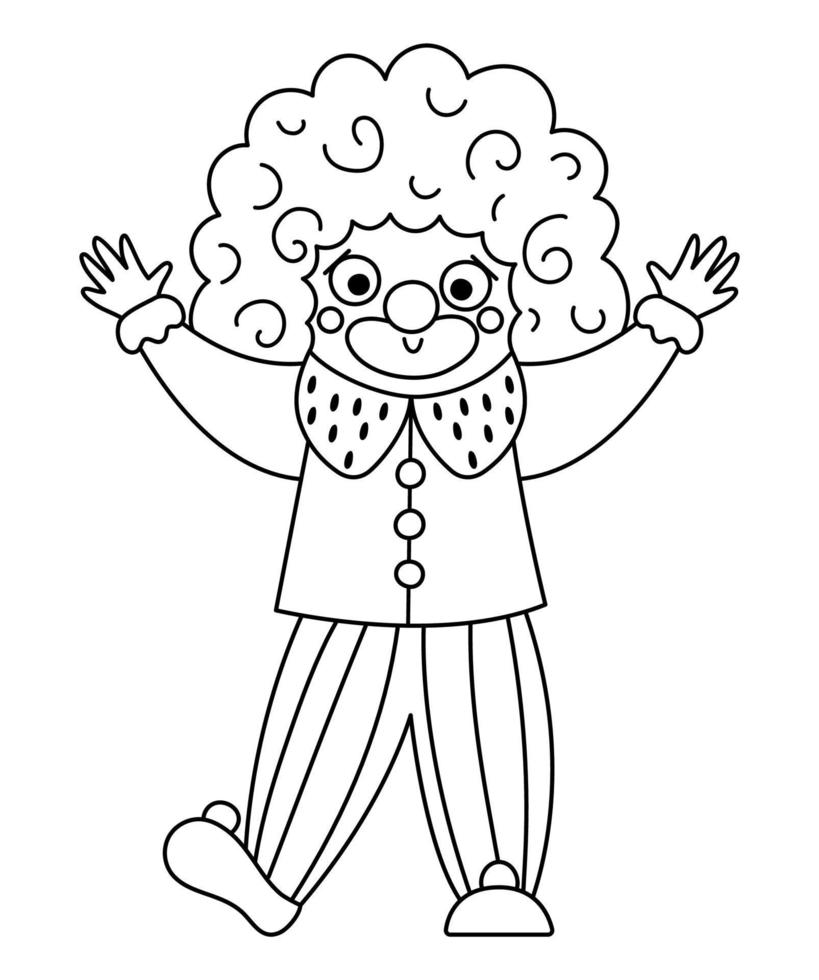 icono de línea de payaso vectorial. clipart de artista de circo en blanco y negro. hombre de vacaciones de diversión. Linda página para colorear de personajes divertidos del festival. ilustración de comediante de espectáculo callejero con las manos en alto vector