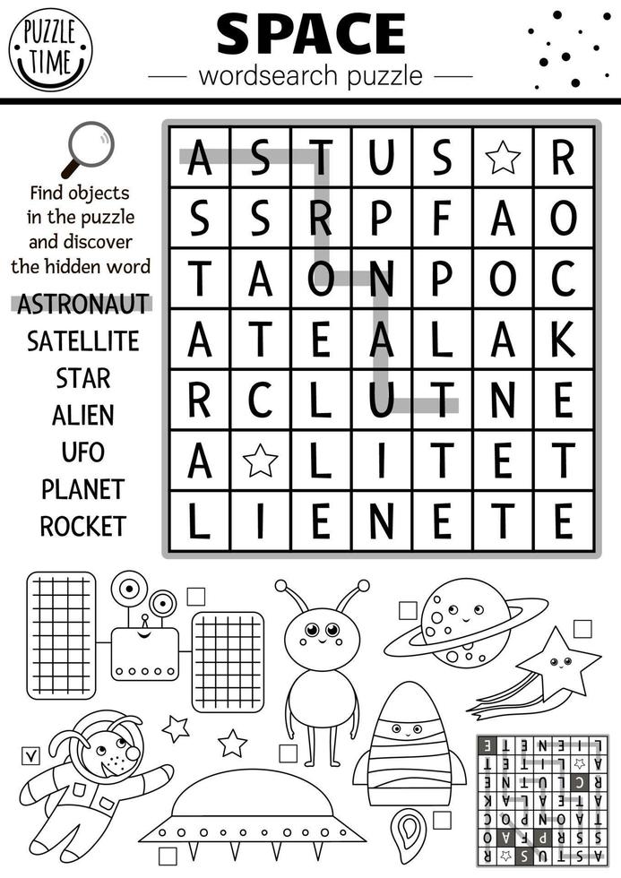 Vector black and white space wordsearch puzzle for kids. Simple astronomy crossword. Activity with UFO, astronaut, star, planet, rocket, alien. Solar system cross word or coloring page