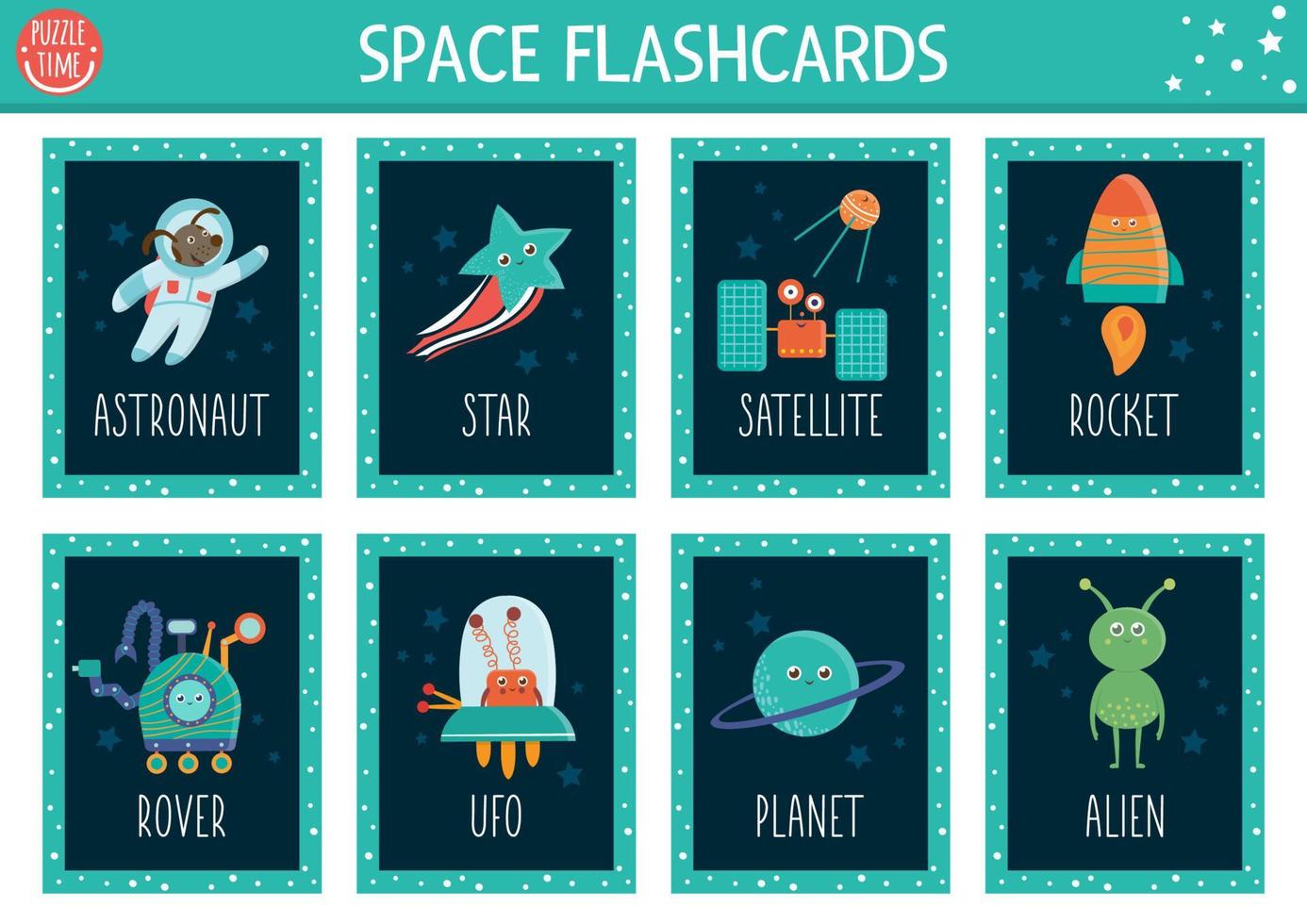 Vector Space flash cards set. English language game with cute astronaut, star, rocker, planet, alien kids. Astronomy flashcards with funny characters. Simple educational printable worksheet.