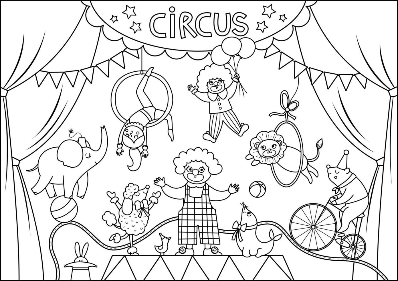 escenario de circo vectorial en blanco y negro con cortinas, artistas, payasos, animales. escena de espectáculo callejero con personajes lindos. fondo del festival de línea. evento festivo o espectáculo de entretenimiento página para colorear vector