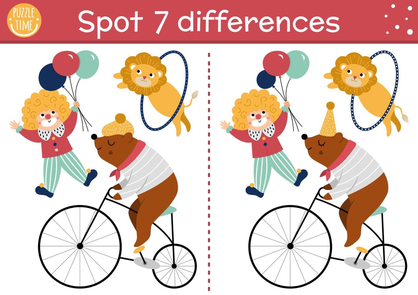Circus find differences game for children. Educational activity with bear on bike, clown, lion. Amusement show puzzle for kids with funny animal artists. Festival printable worksheet or page vector