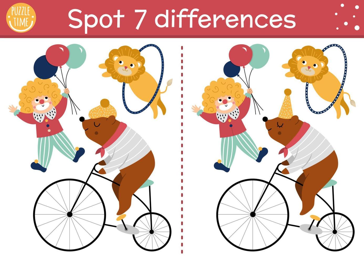 juego de encontrar diferencias de circo para niños. actividad educativa con oso en bicicleta, payaso, león. Rompecabezas de espectáculo de diversión para niños con divertidos artistas de animales. hoja de trabajo o página imprimible del festival vector