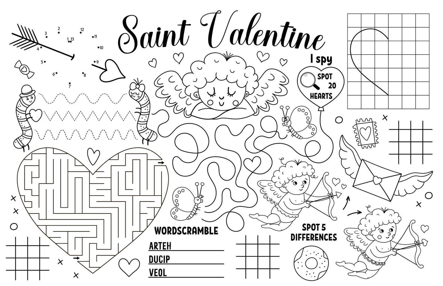 Vector Saint Valentine placemat for kids. Love holiday printable activity mat with maze, tic tac toe charts, connect the dots, find difference. Black and white play mat or coloring page