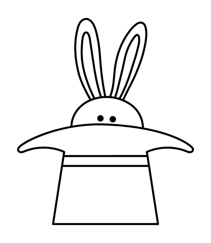 Black and white magician hat with rabbit. Vector outline circus animal. Wizard or juggler equipment line icon. Cute funny festival character coloring page. Street show comedian illustration