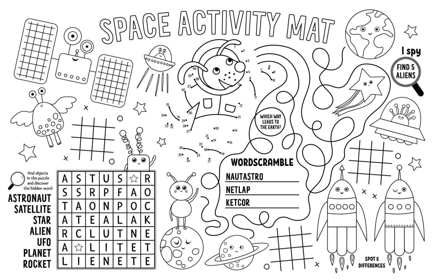 Vector space placemat for kids. Fairytale printable activity mat with maze, tic tac toe charts, connect the dots, find difference. Black and white play mat or coloring page