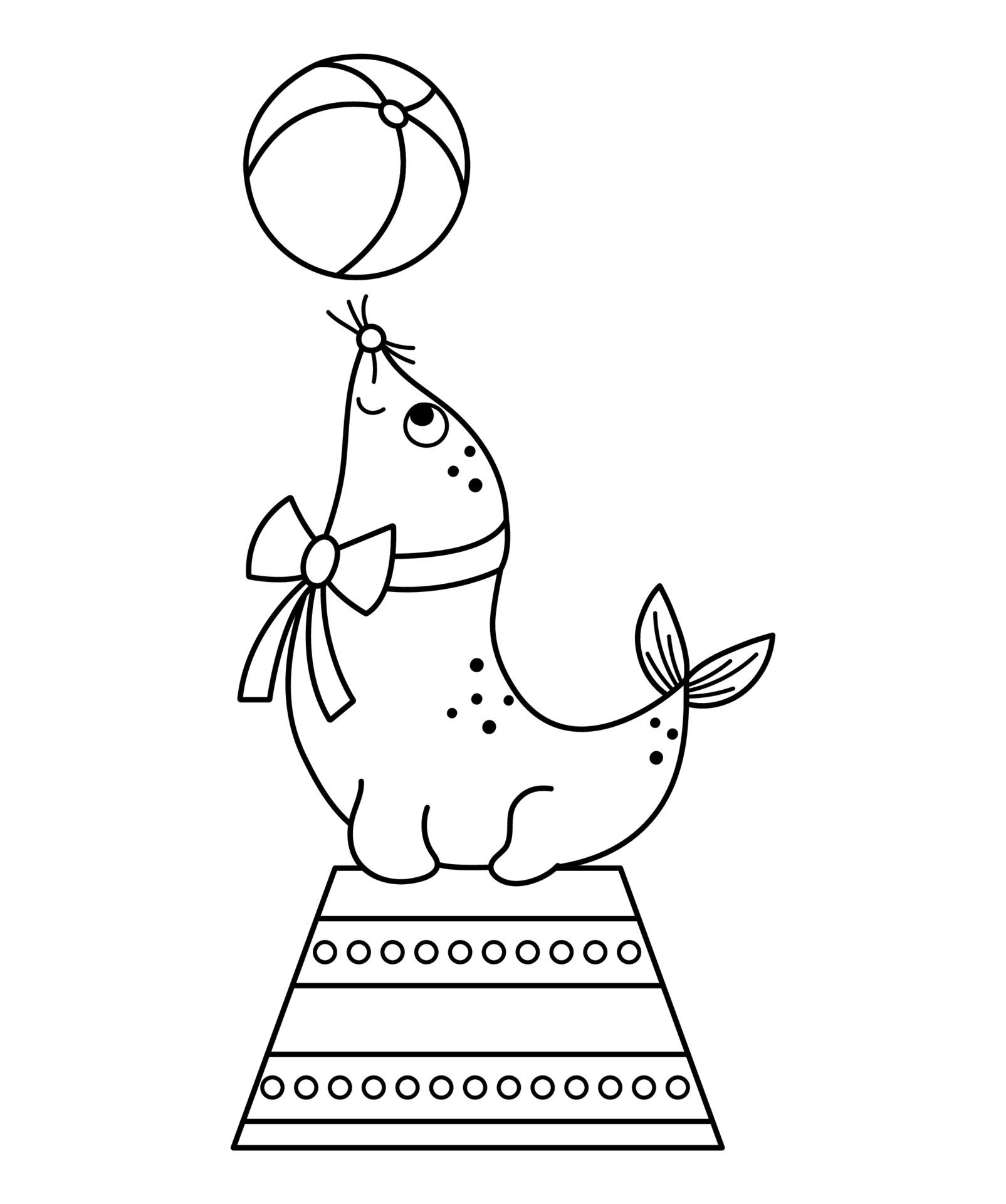 Black and white sea lion on a stand with a ball. Vector circus animal.  Amusement holiday line icon. Cute funny seal clip art. Street show comedian  illustration or coloring page 16312740 Vector