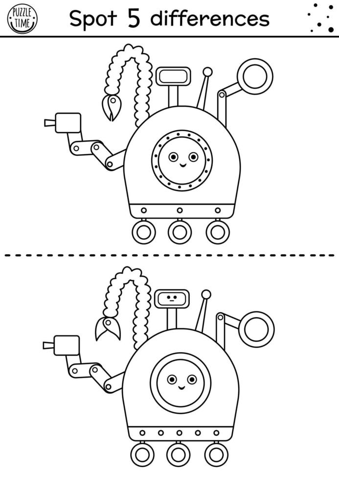 Space black and white find differences game for children. Astronomy educational activity with funny moon rover. Printable worksheet with transport. Cute coloring page with space technic vector