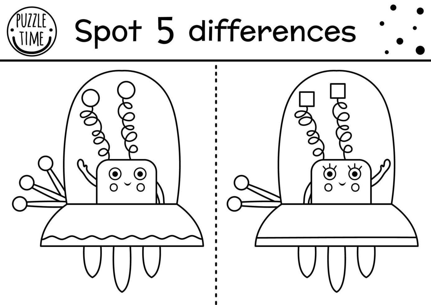 Space black and white find differences game for children. Astronomy educational activity with funny alien in space ship. Printable worksheet with extraterrestrial. Cute UFO coloring page vector