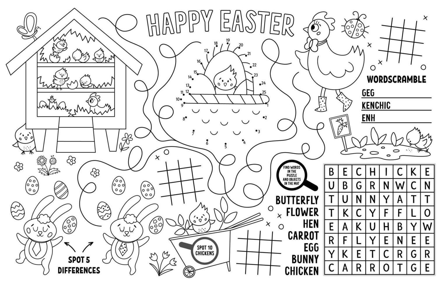 Vector Easter placemat for kids. Spring holiday printable activity mat with maze, tic tac toe charts, connect the dots, find difference. Black and white play mat or coloring page