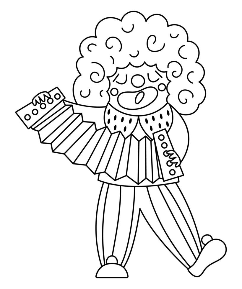 Vector singing clown line icon. Black and white circus artist playing harmonica clipart. Amusement holiday man. Cute funny festival character coloring page. Street show comedian