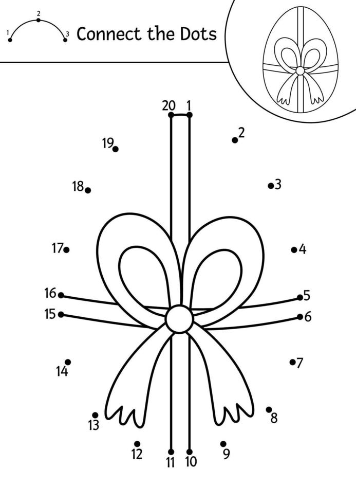 vector actividad de punto a punto y color de pascua con lindo huevo y arco. vacaciones de primavera conecta el juego de puntos para niños con símbolo tradicional. divertida y adorable página para colorear para niños.