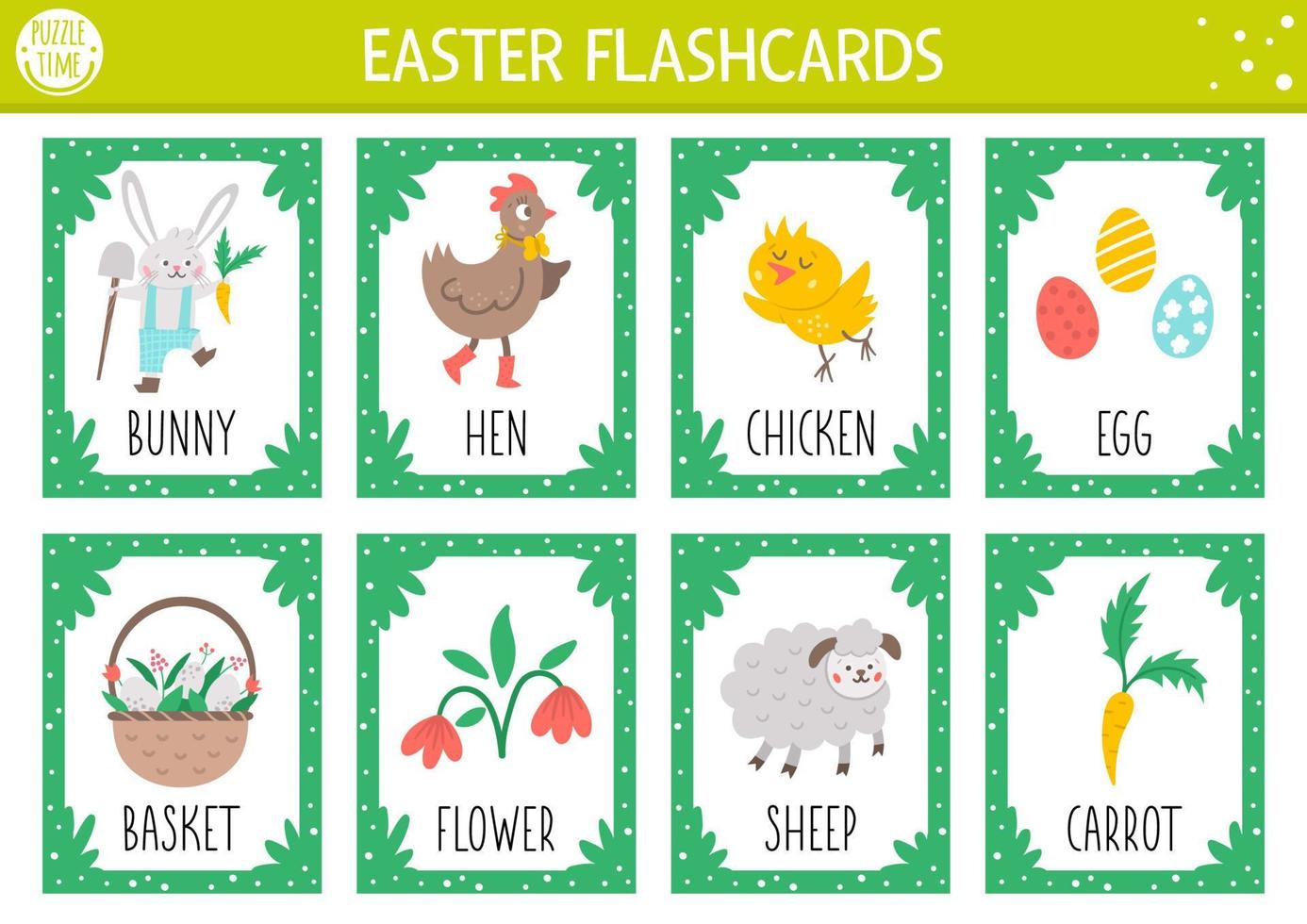 juego de tarjetas flash vectoriales de Pascua. juego de idioma inglés con lindo conejito, gallina, pollo, huevos de pascua para niños. tarjetas de vacaciones de primavera con personajes divertidos. hoja de trabajo imprimible educativa simple. vector