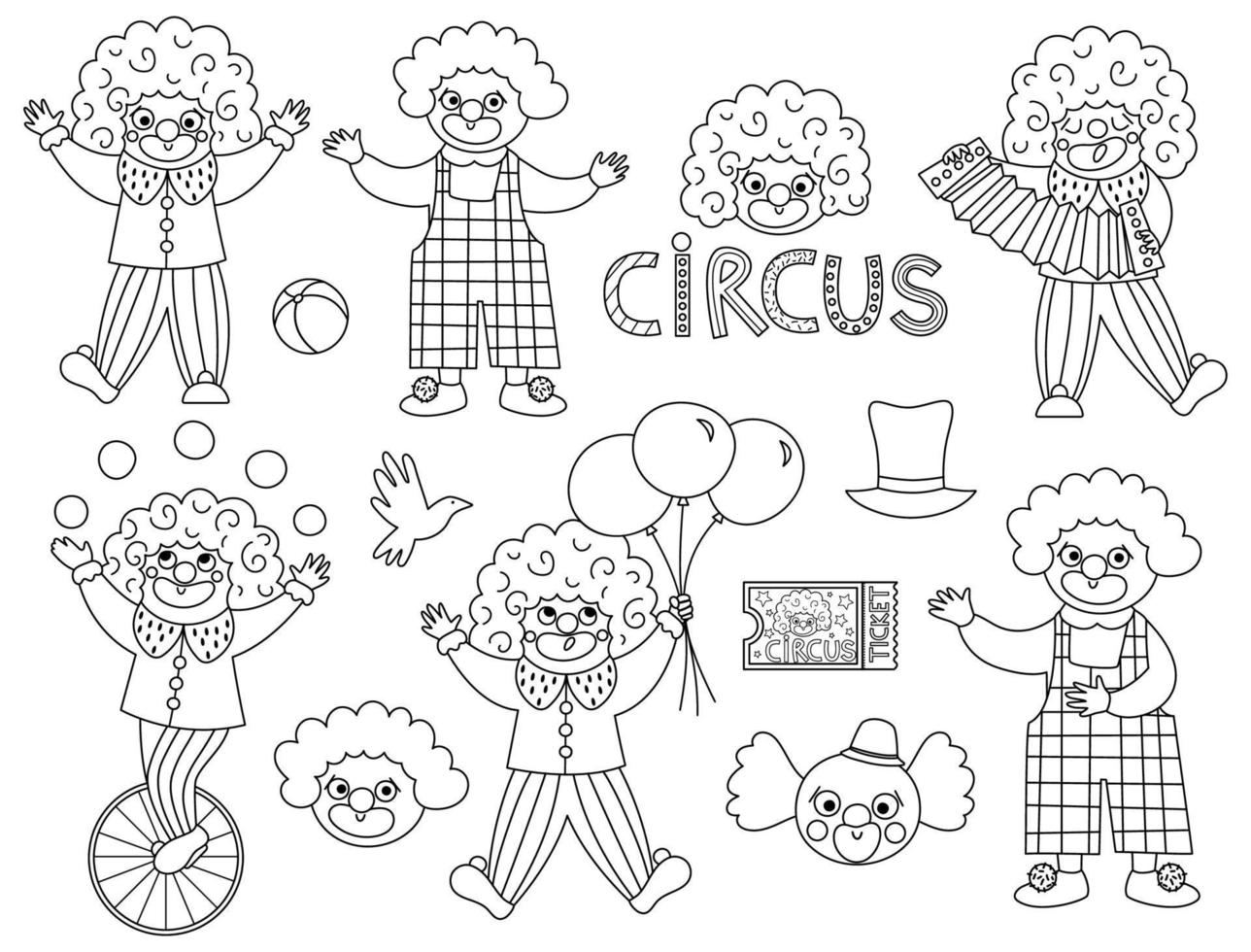 conjunto vectorial en blanco y negro con payasos. circo contorno artistas clipart. paquete de iconos de línea de vacaciones de diversión. Página para colorear de personajes lindos y divertidos del festival. ilustración de comediantes de espectáculos callejeros vector