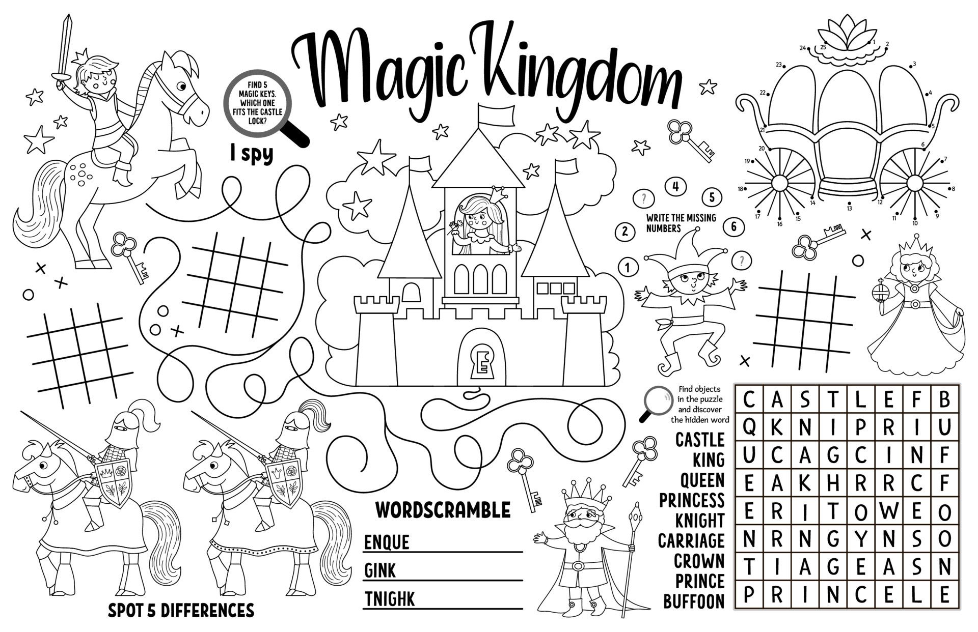 Vector Magic kingdom placemat for kids. Fairytale printable activity