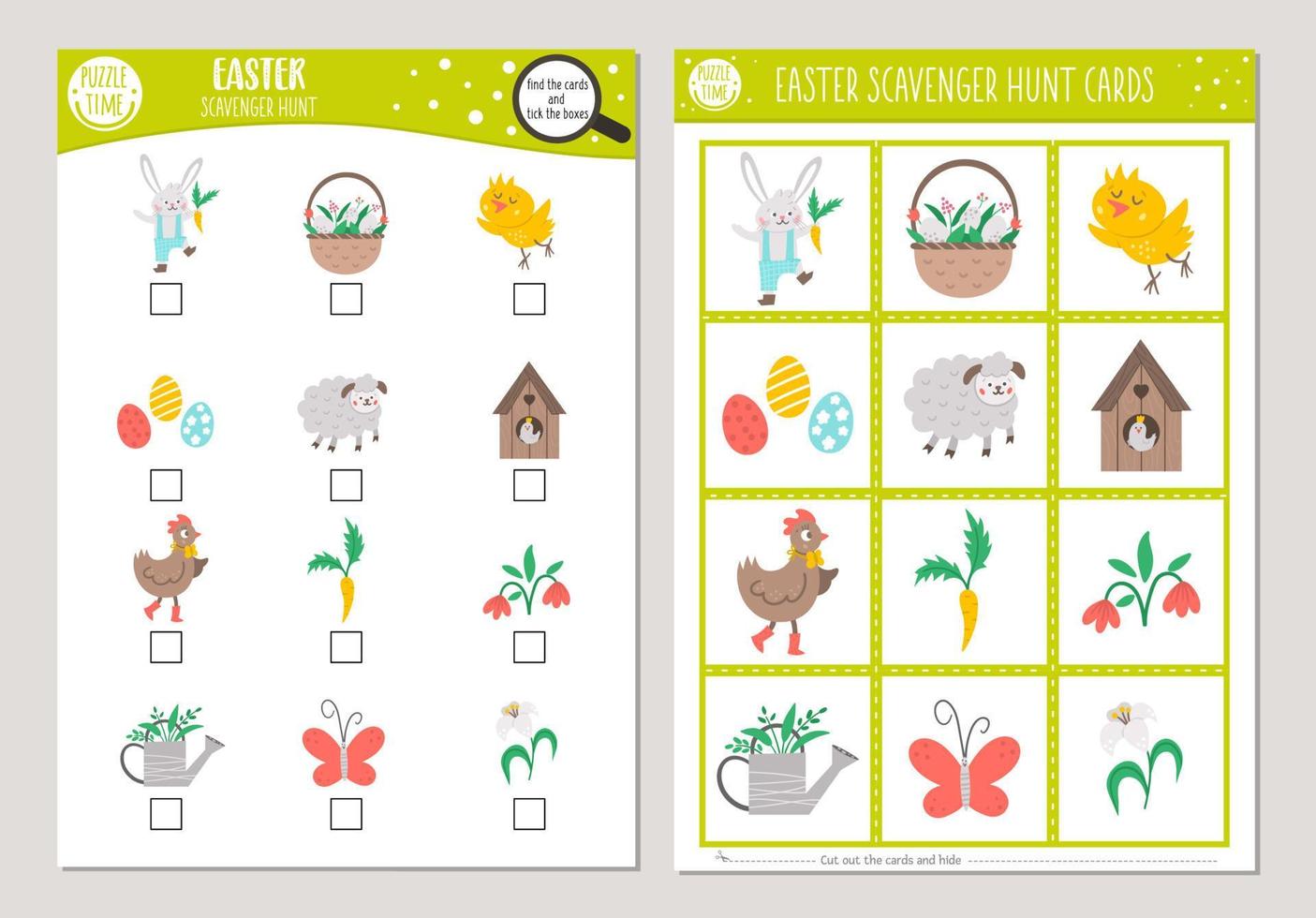Vector Easter scavenger hunt cards set. Seek and find game with cute bunny, hen, chicken, Easter eggs for kids. Spring holiday searching activity. Simple educational printable worksheet