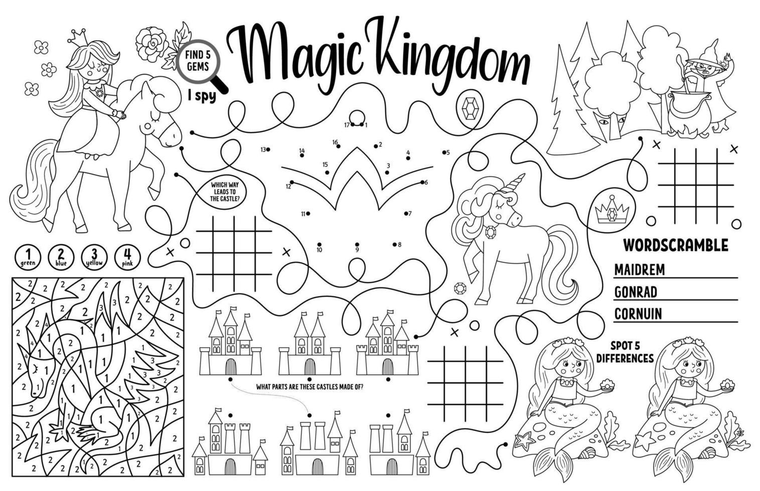 Vector Magic kingdom placemat for kids. Fairytale printable activity mat with maze, tic tac toe charts, connect the dots, find difference. Black and white play mat or coloring page