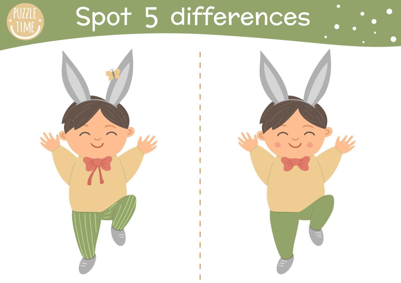 Easter find differences game for children. Holiday activity page with funny boy in bunny ears jumping with joy. Printable worksheet with cute happy character. Spring puzzle for kids vector