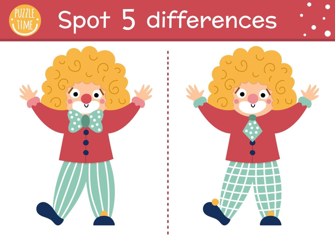 Circus find differences game for children. Educational activity with cute clown. Amusement show puzzle for kids with funny artist. Entertainment festival printable worksheet or page vector