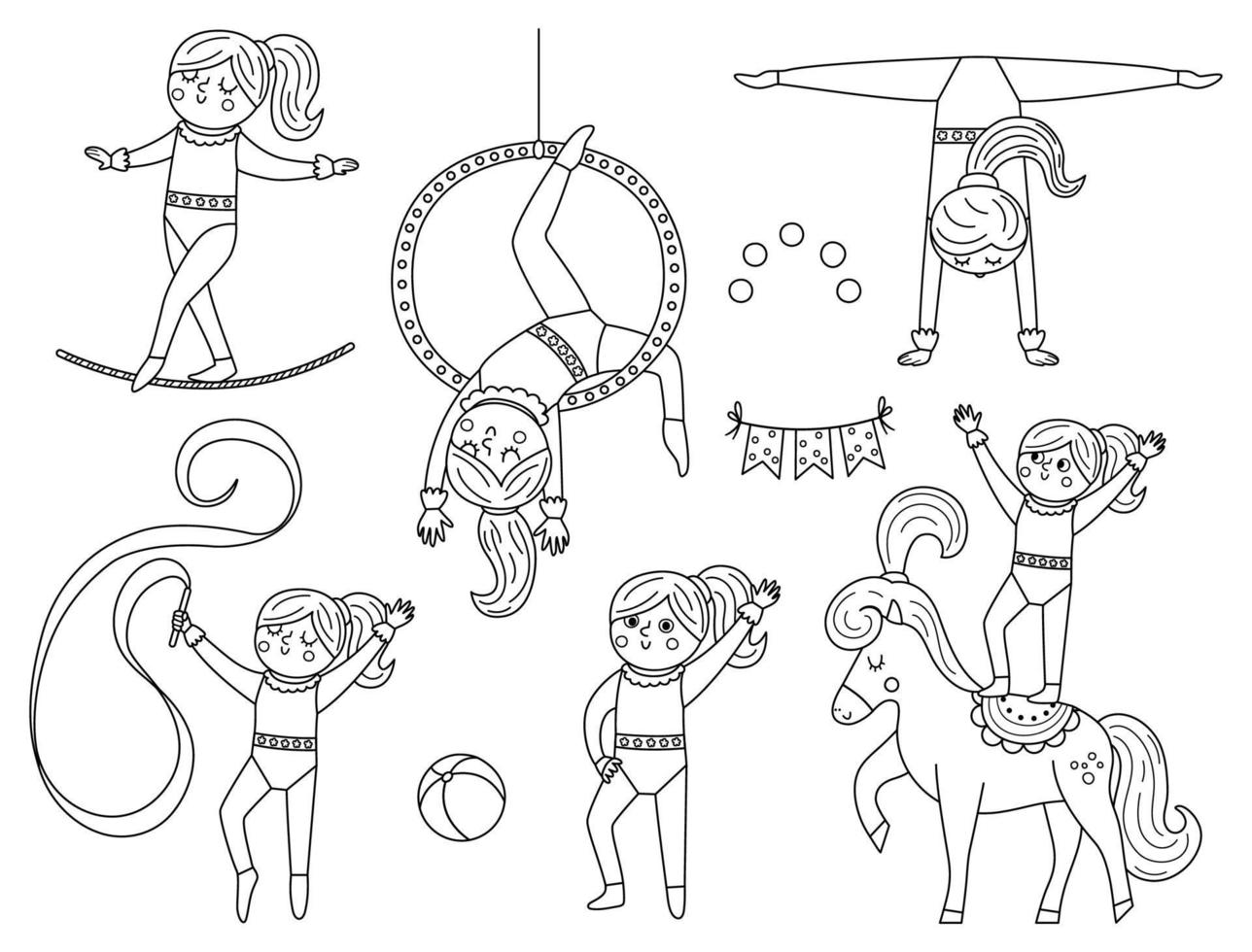 conjunto vectorial en blanco y negro con chicas gimnastas con aro, caballo, cinta. lindo acróbata divertido. circo o artista deportivo esbozan imágenes prediseñadas. iconos de línea de vacaciones de diversión. página para colorear de personajes del festival vector