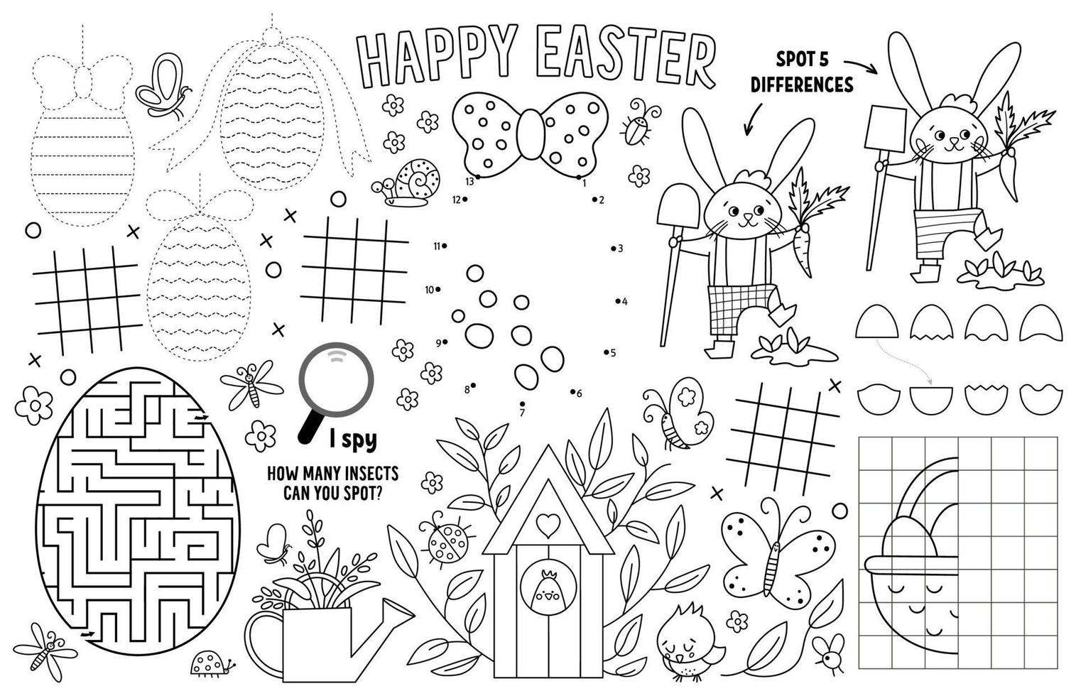 mantel de pascua vectorial para niños. alfombra de actividad imprimible de vacaciones de primavera con laberinto, gráficos de tres en raya, conecta los puntos, encuentra la diferencia. alfombra de juego en blanco y negro o página para colorear vector