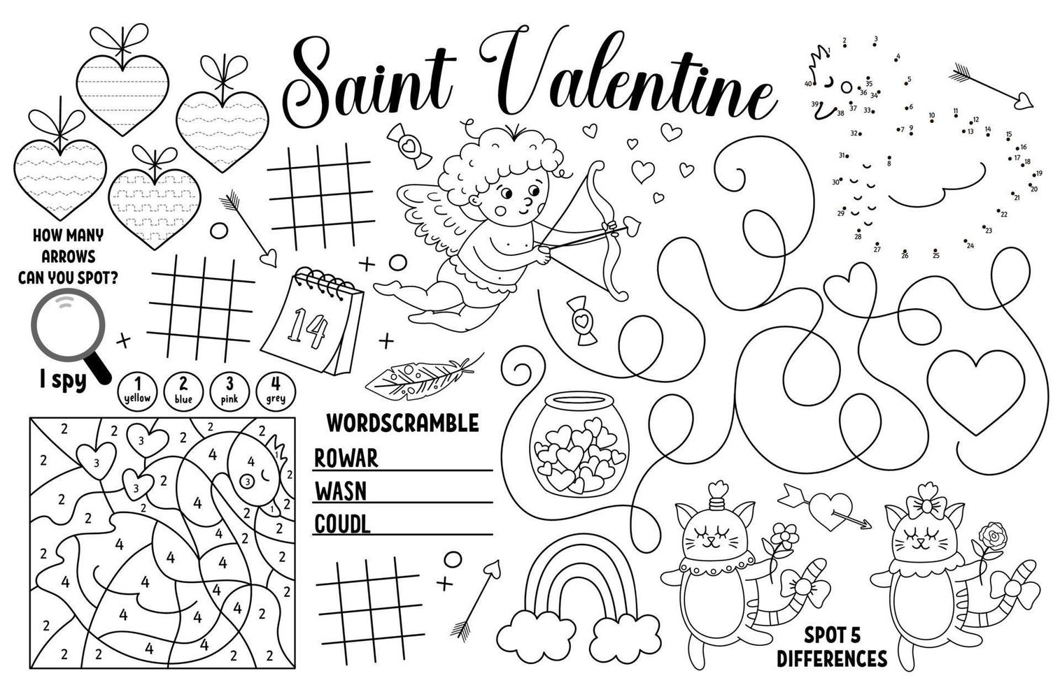 Vector Saint Valentine placemat for kids. Love holiday printable activity mat with maze, tic tac toe charts, connect the dots, find difference. Black and white play mat or coloring page