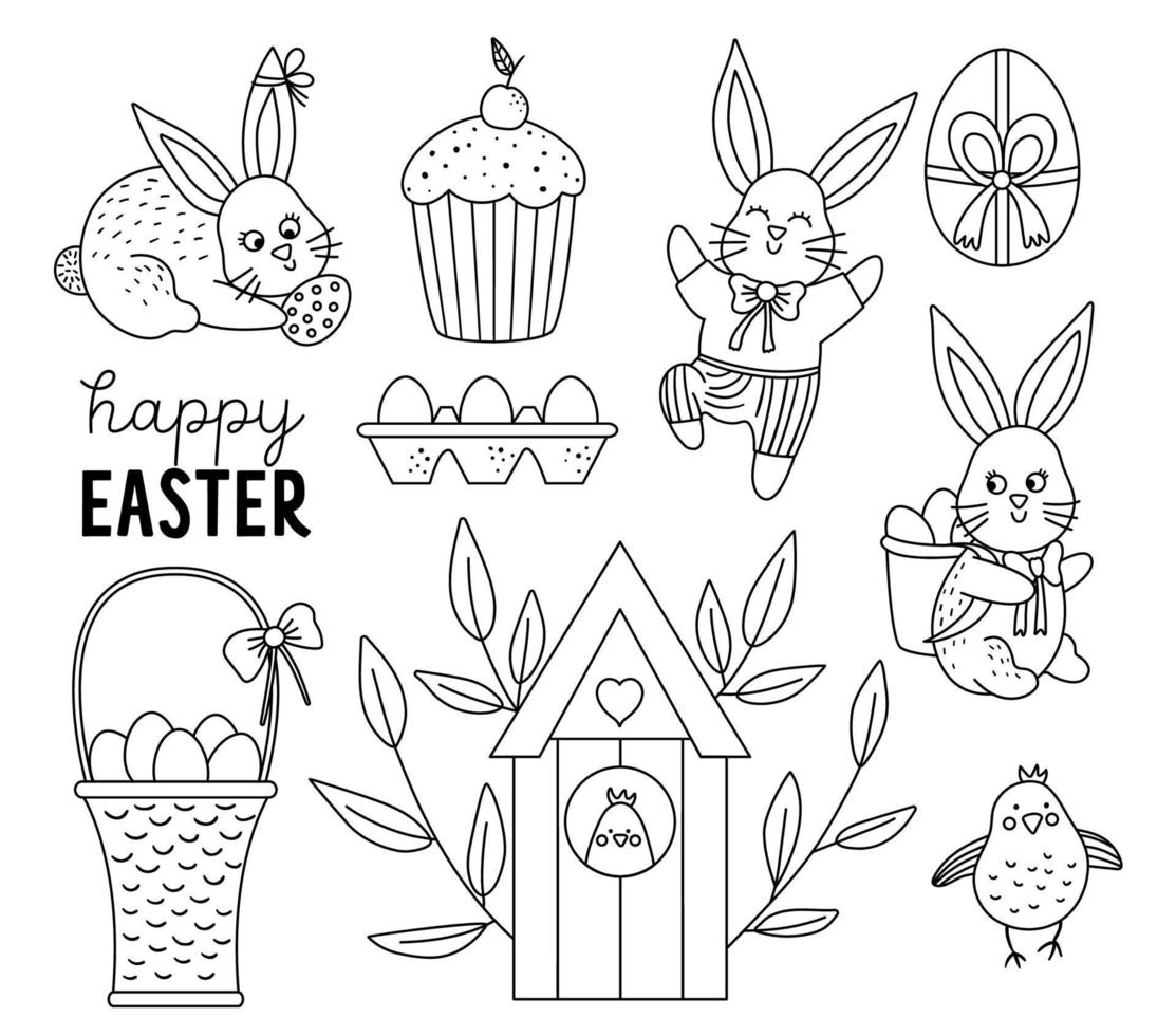 conejitos de Pascua vectoriales en blanco y negro con cesta, pollo, pastel, zanahorias. esbozar la ilustración de los conejos de primavera. colección de iconos de línea de vacaciones cristianas. página para colorear de Pascua para niños vector