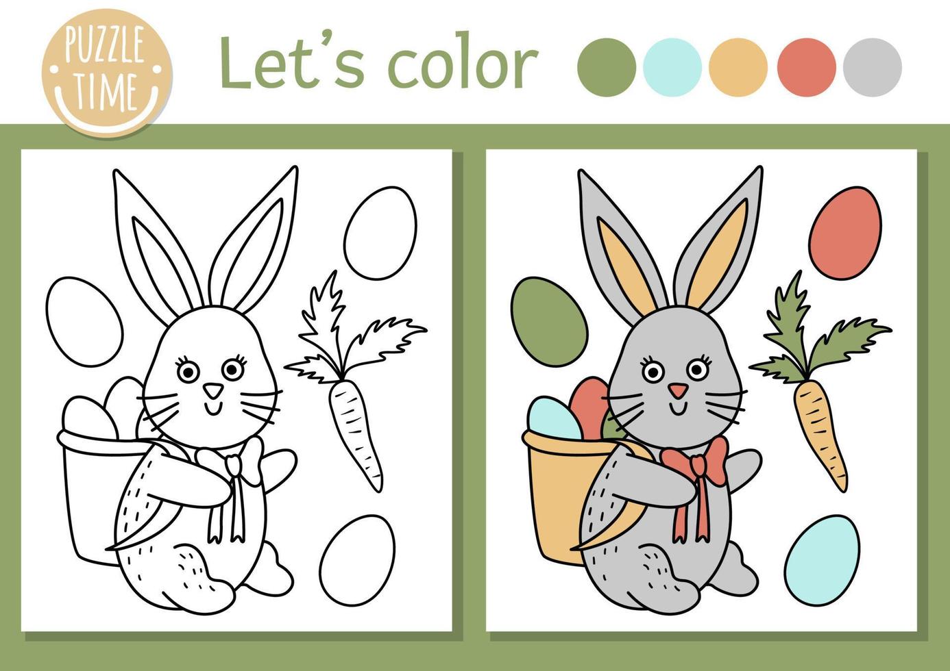 Easter coloring page for children. Funny bunny with basket, colored eggs, carrot. Vector holiday outline illustration with cute animal. Adorable spring color book for kids with colored example