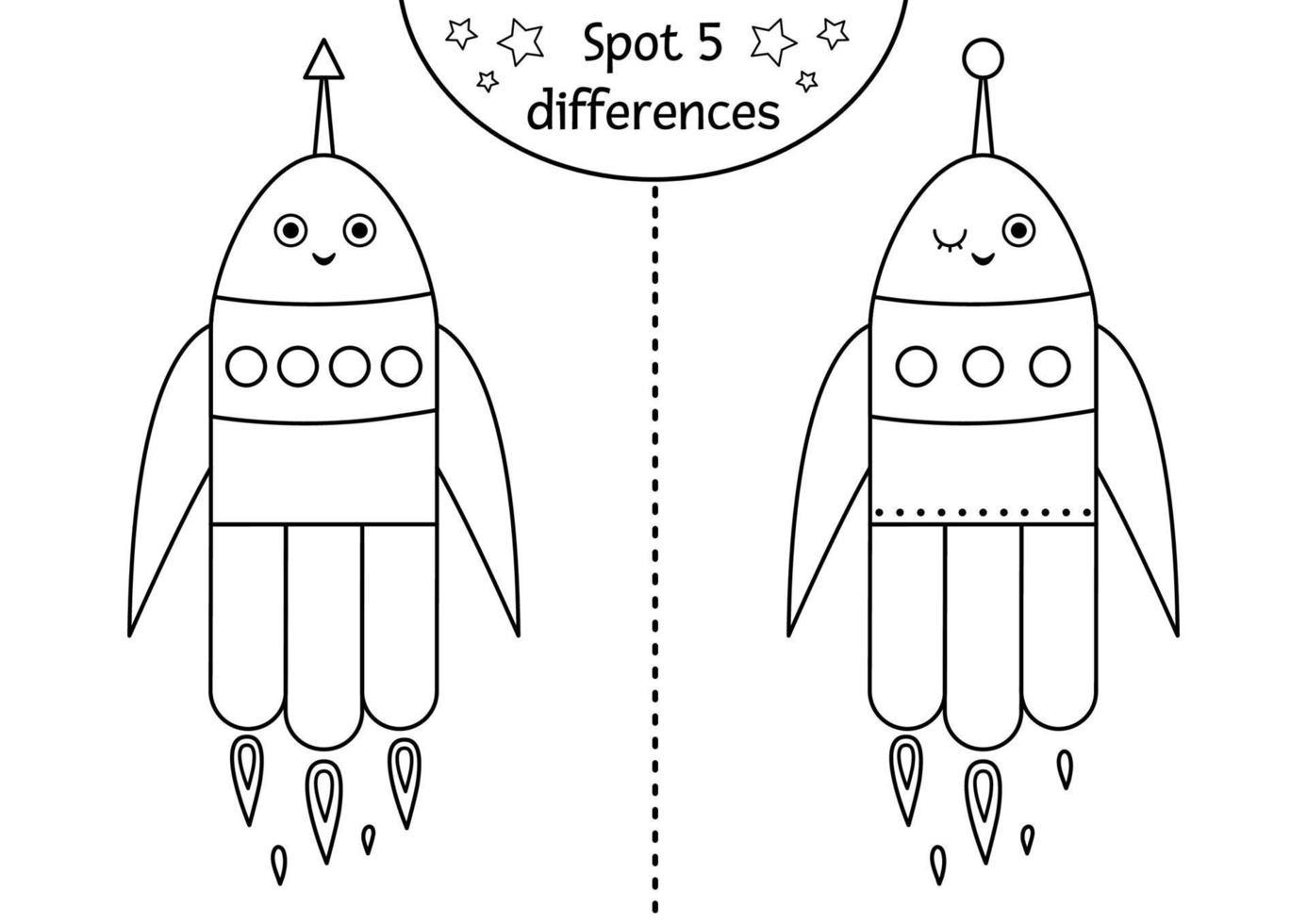 juego de encontrar diferencias en blanco y negro espacial para niños. actividad educativa de astronomía con divertida nave espacial. hoja de trabajo imprimible con cohete. linda página para colorear con técnica espacial vector